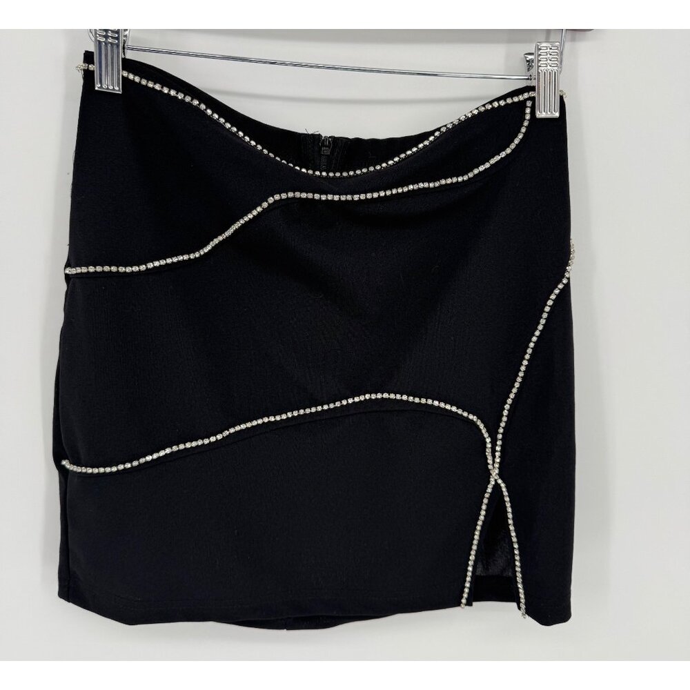 Black Mini Skirt With Rhinestone Detailing & Front Slit
